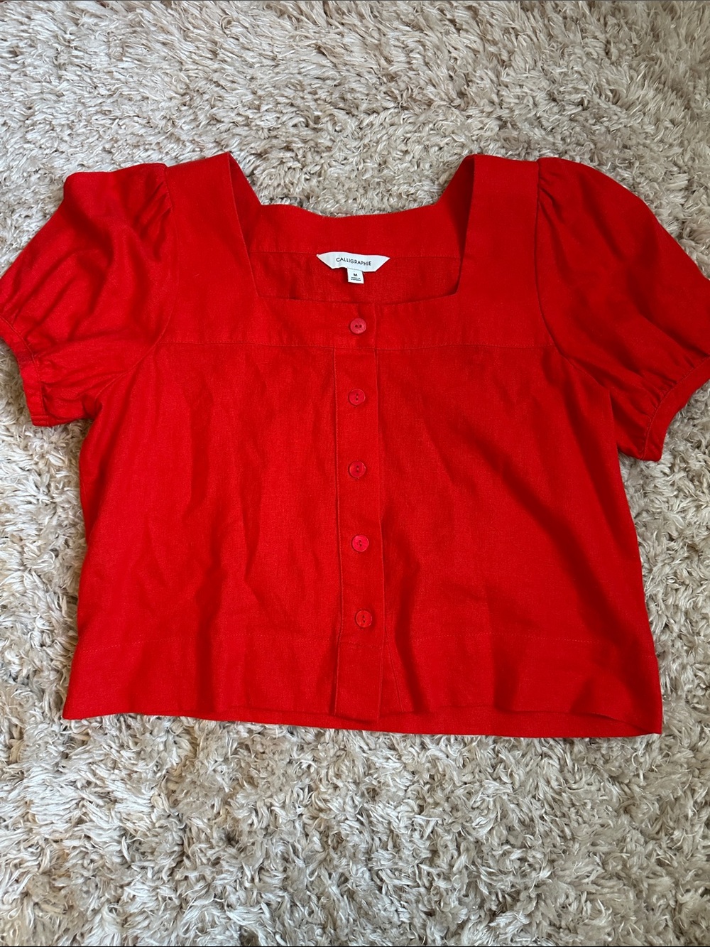 Calligraphie Linen Blend Red Square-Neck Button Front Puff Sleeve Peasant Top